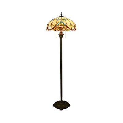 Baroque Bowl Shade Floor Lamp 2-Head Stained Glass Pull-Chain Standing Light in Brown