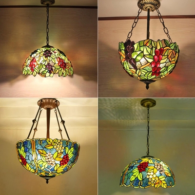 Bowl Shade Pendant Light Fixture 1 Head Cut Glass Tiffany Hanging Lamp with Grape and Leaf Pattern