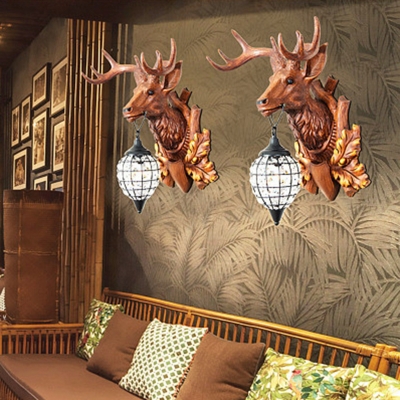 Brown Deer Head Wall Lamp Farmhouse Resin 1-Light Restaurant Sconce Lighting with Embedded Crystal Shade