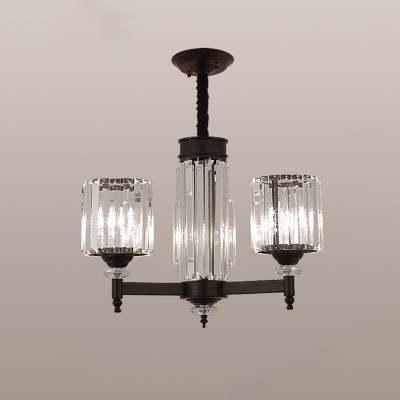 Clear Crystal Cylindrical Pendant Light Traditional Guest Room Chandelier Lamp in Black