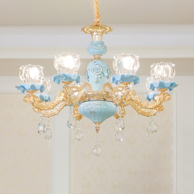 Clear Crystal Glass Lotus Chandelier Traditional Dining Room Ceiling Light in Blue and Gold
