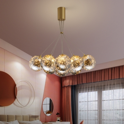 Globe Cluster Pendant Light Postmodern Clear Glass Bedroom Ceiling Lamp in Brass