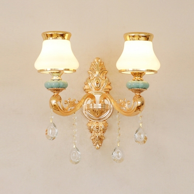 Gold Plated Indoor Lamp Retro Cream Glass Pear Shaped Light Fitting with Dangling Crystal Accent
