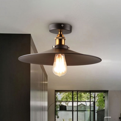 Metallic Umbrella Semi Flush Light Retro Style Single Corridor Ceiling Flush Mount in Black