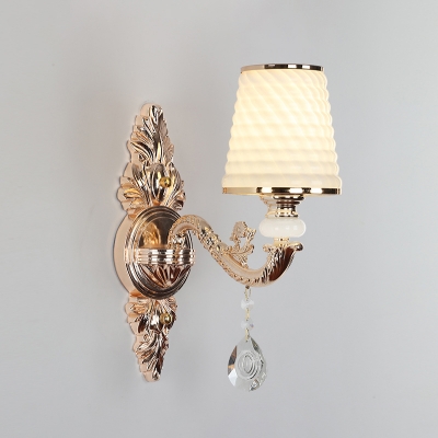 Opaque Glass Gold Wall Sconce Tapered Traditional Style Wall Mount Light with Crystal for Bedroom