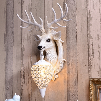 Resin White Wall Light Fixture Deer Head Shaped Single Rustic Sconce Lamp with Crystal Shade