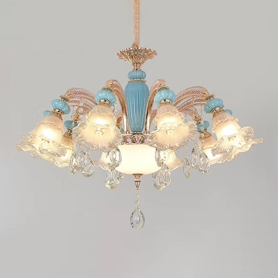 Traditional Ruffled Shade Lamp Frosted Carved Glass Lighting in Blue for Living Room