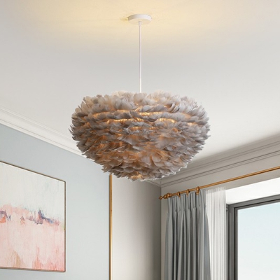 1-Bulb Bedroom Suspension Light Minimalist Ceiling Pendant with Dome Feather Shade
