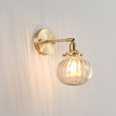 1-Light Ribbed Glass Sconce Light Fixture Brass Oval Bedside Wall Lighting with Swing Arm