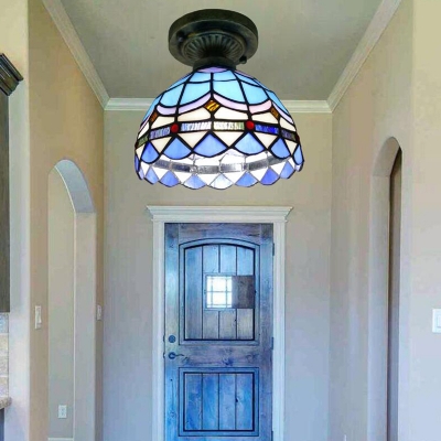 Bowl Semi-Flush Ceiling Light 1 Bulb Handcrafted Glass Tiffany Style Flushmount Lighting