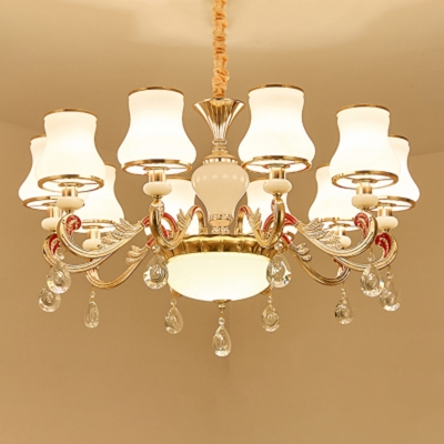 Chandelier Light Fixture Vintage Curve Shade White Glass Pendant with Crystal Strands