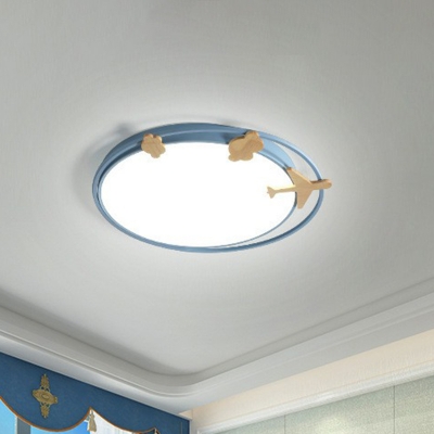 Circle Baby Room Flush Mounted Light Acrylic Cartoon LED Ceiling Fixture with Carved Wood