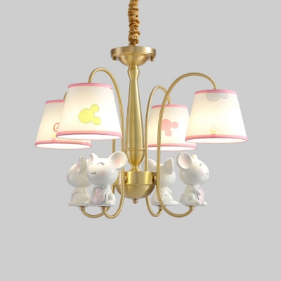 Cone Fabric Chandelier Lighting Cartoon White and Gold Ceiling Pendant with Decorative Animal