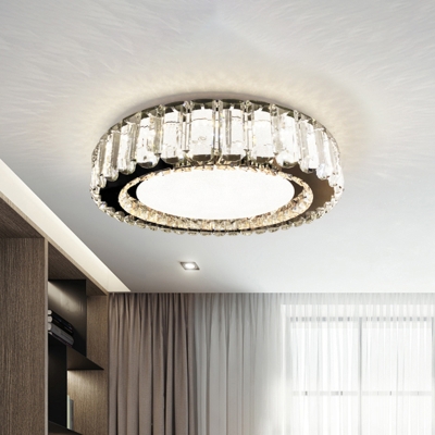 Drum Shaped Bedroom LED Flush Mount Lamp Crystal Simple Ceiling Light in Stainless Steel