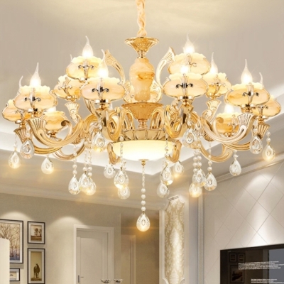 Floral Ceiling Chandelier Traditional Gold Glass Ceiling Lamp with Crystal Draping