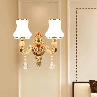 Frosted Glass Sconce Light Vintage Gold Flared Lounge Wall Lamp with Crystal Pendalogues