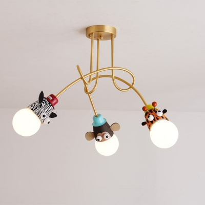 Gold Twisted Semi Flush Light Creative Kids Metal Ceiling Mount Lamp with Animal Socket