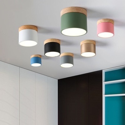 Mini Cylinder LED Flush Light Macaron Metal Living Room Flush Ceiling Light with Wood Accent