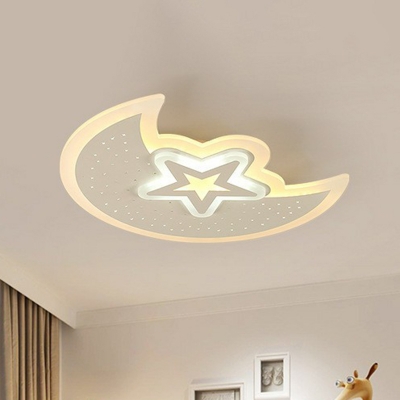 Moon and Star Flush Mount Ceiling Light Kids Metal White LED Hollowed-out Flush Mount