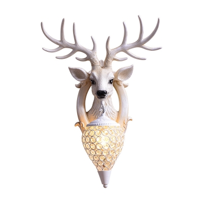 Resin White Wall Light Fixture Deer Head Shaped Single Rustic Sconce Lamp with Crystal Shade