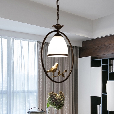 Single-Bulb Suspension Lighting Rustic Bell Shade Handblown Glass Hanging Light with Decorative Bird in Black