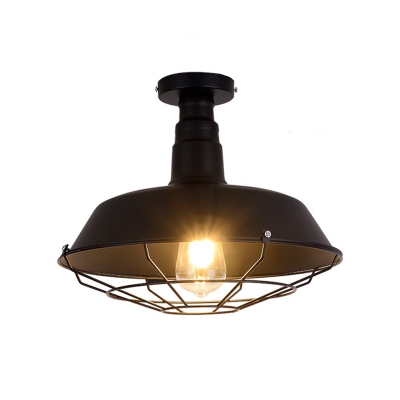 Antique Shaded Ceiling Light Single-Bulb Metallic Semi Flush Light Fixture in Black