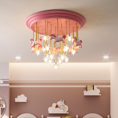 Carousel and Star LED Flush Light Kids Clear Glass Pink Semi Flush Mount Ceiling Light for Bedroom