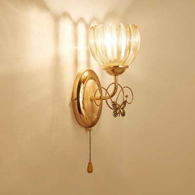 Clear Carved Glass Wall Sconce Light Antique Gold Flower Living Room Wall Light Kit
