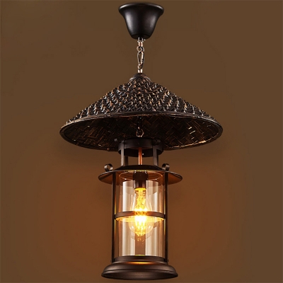 Coffee Cylindrical Ceiling Hanging Lantern Rural Clear Glass 1 Bulb Bistro Pendant with Conical Tip