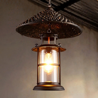 Coffee Cylindrical Ceiling Hanging Lantern Rural Clear Glass 1 Bulb Bistro Pendant with Conical Tip