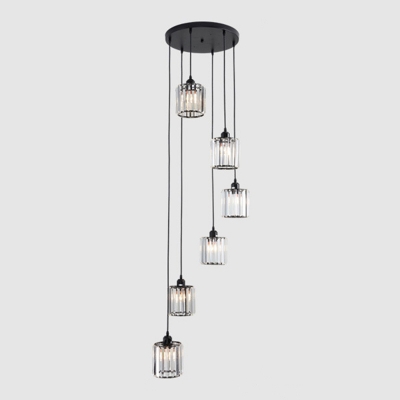 Cylindrical Multi Pendant Ceiling Light Modern Crystal Block Dining Room Hanging Lamp in Black