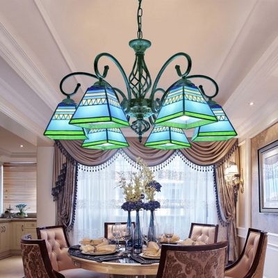 Dining Room Chandelier Mission Style Ceiling Pendant with Pyramid Stained Glass Shade