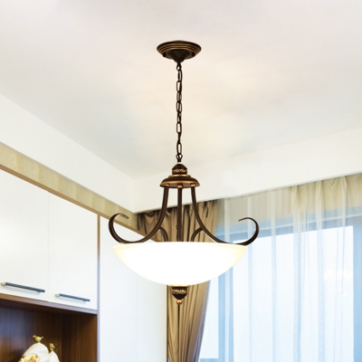 Frosted Glass Bowl Chandelier Pendant Light Vintage 3 Bulbs Living Room Hanging Light in Black