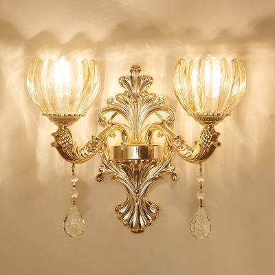 Glass Bloom Wall Mount Lamp Vintage Bedroom Sconce Light Fixture in Gold with Crystal