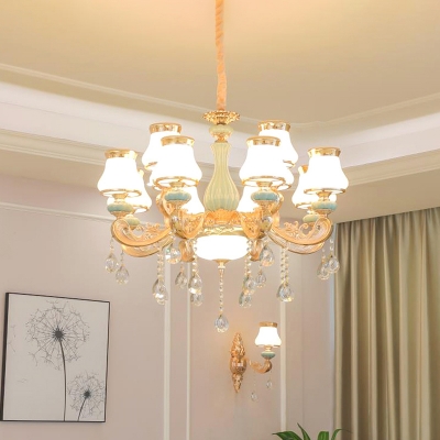 Gold Plated Indoor Lamp Retro Cream Glass Pear Shaped Light Fitting with Dangling Crystal Accent