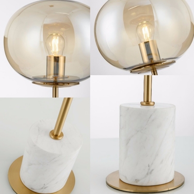 Post-Modern Spherical Night Lamp Amber Glass 1-Head Bedroom Table Lighting with Marble Base