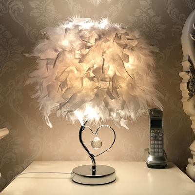 Romantic Modern 1-Light Night Lamp Nickel Cylinder Table Light with Feather Shade and Crystal Drop