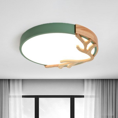Round Flush Mount Lighting Fixture Macaron Metal Bedroom LED Ceiling Light with Wood Antler Deco