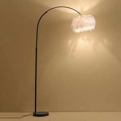 Simplicity Round Shade Floor Light Feather 1 Head Living Room Reading Floor Lamp with Extendable Fishing Pole