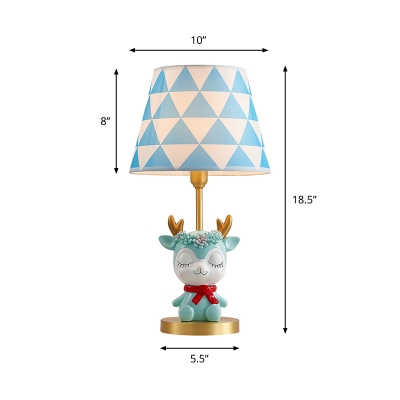 Triangle-Print Fabric Empire Shade Table Lamp Kids 1-Light Nightstand Light with Deer Base