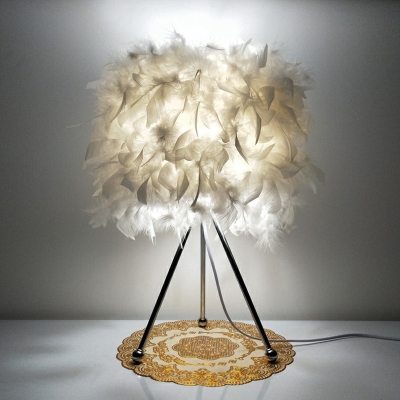 Tripod Night Table Lamp Nordic Feather Single Girls Room Nightstand Light in White