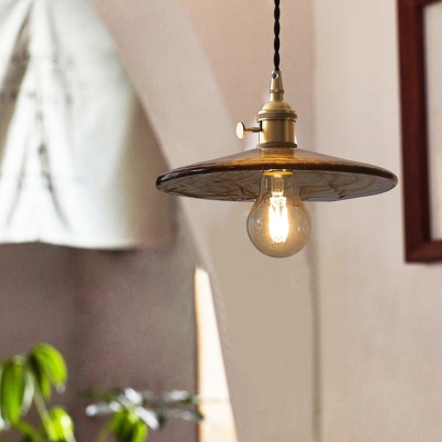 1-Light Amber Cloud Glass Pendant Lamp Minimalist Brass Saucer Living Room Ceiling Light