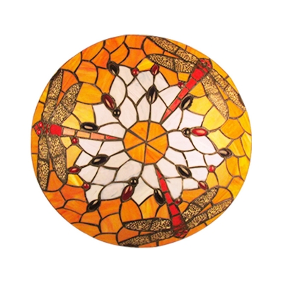 3 Lights Bowl Ceiling Flush Mount Tiffany Orange Stained Art Glass Flush Light with Dragonfly Pattern