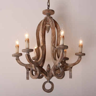 6-Head Faux Candle Pendant Lighting Rustic Brown Wooden Hanging Ceiling Light for Foyer