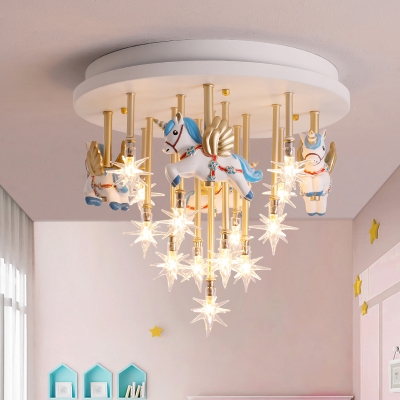 Cartoon Carousel Flush Mount Light Metal 13 Bulbs Kids Bedroom Ceiling Lamp with Star Clear Glass Shade