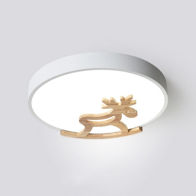 Carved Wood Deer Flush Light Kids Style LED Round Flush Mount Ceiling Lighting Fixture