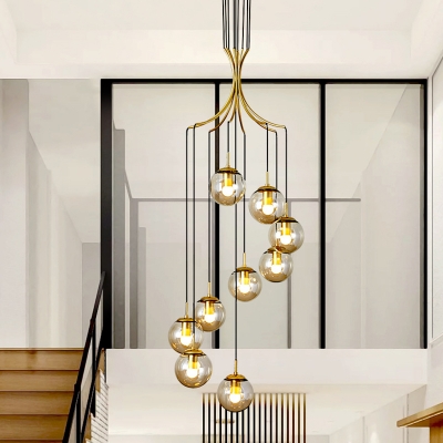 Duplex Multiple Hanging Pendant Light Postmodern Gold Ceiling Lamp with Ball Cognac Glass Shade