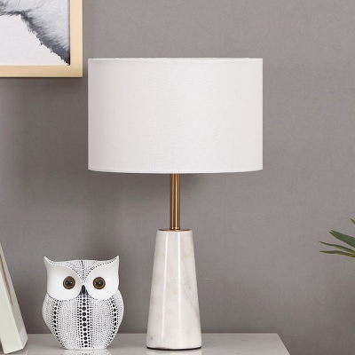 Fabric Drum Table Lamp Nordic 1-Head Night Stand Lighting with Conical Marble Base in White
