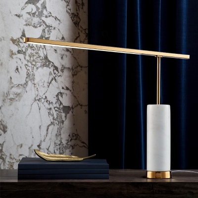Gold Linear LED Night Table Lamp Minimalist Metal Nightstand Light with Marble Pillar