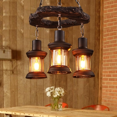 Hanging Chandelier Factory Lantern Clear Glass Ceiling Pendant Light in Distressed Wood
